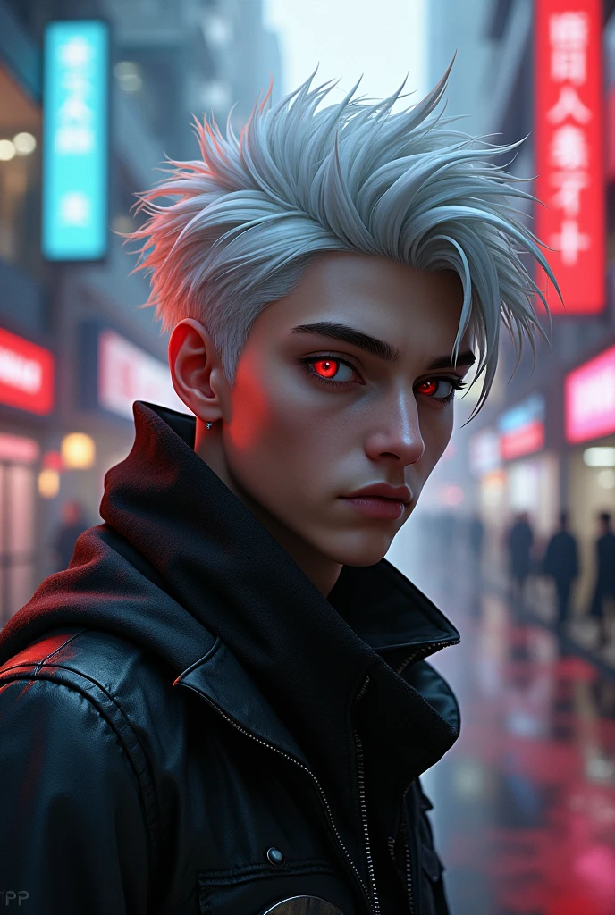 A photorealistic portrait-type image of a young man with an oval face, with a ninja style scarf, short, spiky, white hair, with the Red eyes, with a cyberpunk background