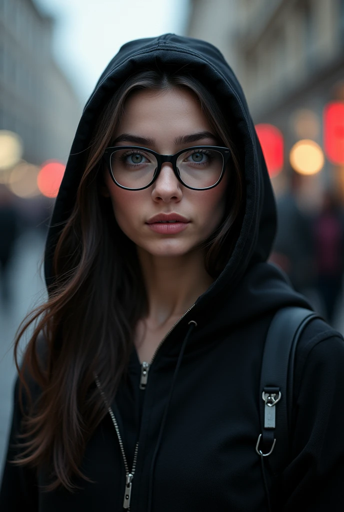 photorealist:1.4, masterpiece, Best Quality, Alone, detailed face:1.2, perfect proportions, photos realist, ,Photo of a mature Ukrainian college girl, raw , ((Black square glasses )), long black hair, , blurred background, Eye focus, black zip-up hoodie, huge black jogger city background, looking ahead, dramatic light, cinematic light, realist, Realism