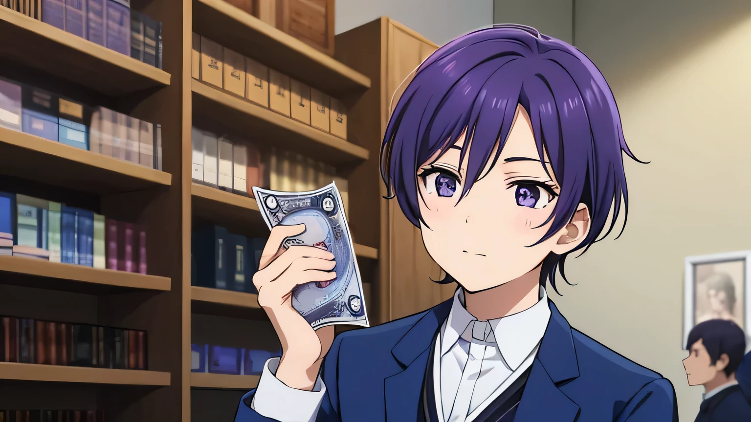 personagem boy, with a blue jacket, dark purple hair, with cash notes in hand, com um background de ceu