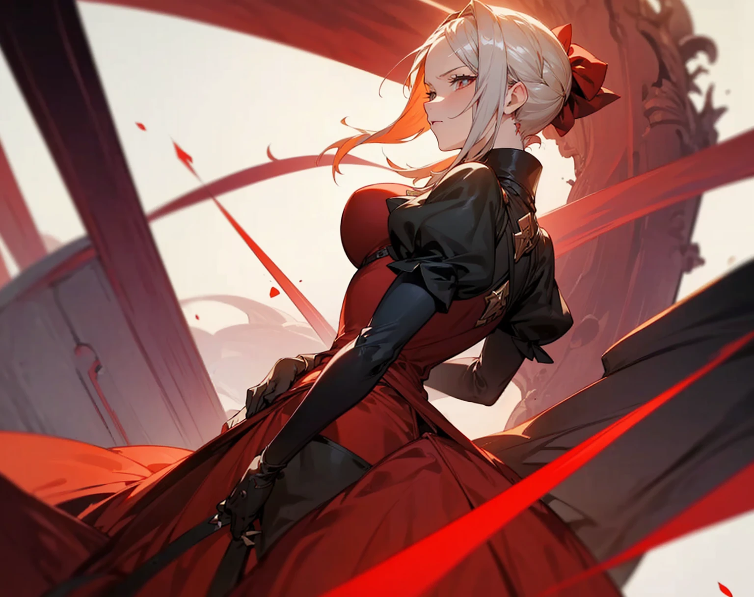1female, red dress, silver hair, Edelgard((Fire_emblem)), chaos. Red particles, red fire, blazing fire, beautiful woman, detailed hair, big breasts, lovely woman, perfect body, ((detail, very detailed, 8K)), ((best quality, best resolution)), ((masterpiece)).