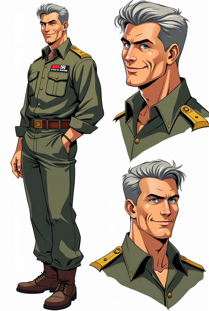 Character of a smiling adult male named John Smith. He has fair skin with a few freckles, short gray hair slicked back with hints of brown, and intense blue eyes with a watchful expression. His build is stocky and muscular. He wears a military uniform. The style should mix 1980s comic book art with 1980s anime, Different angles, character sheet, white background --3:2 aspect ratio, different poses