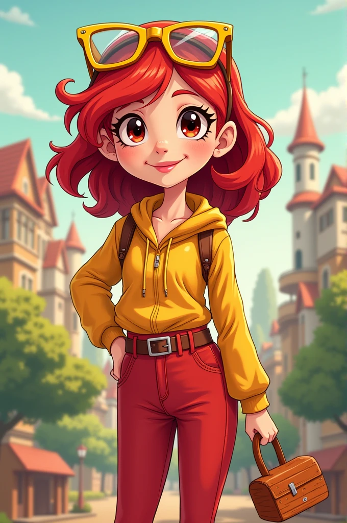 a character with red hair normal skin color red and yellow clothes yellow glasses on head .Cartoon style