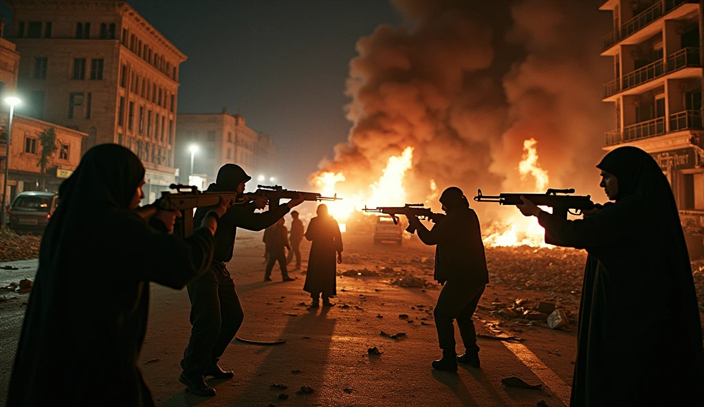 A night-time photograph capturing an urban battle in Tehran between Iranian revolutionaries and the Shah’s military forces. The streets are in chaos, with buildings damaged, cars overturned, and fires lighting up the night. The revolutionaries, both men and women in hijabs, are seen behind makeshift barricades, engaging in a firefight. The image, taken with an old camera, has a gritty texture, with the muzzle flashes from the rifles stark against the darkness.
