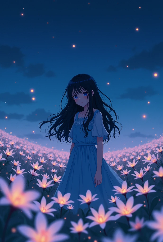 a vast plumeria fields during the night, a fireflies and a woman crying while wearing a blue dress and a long black wavy hair in the middle of it, beautiful anime,
