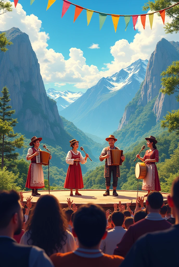 Create image for youtube cover pixel 2560x 1440 realistic original image, with northeastern mountain foot lining theme, incorporate musical instruments,accordion, tiangulo and zabumba in the hands of instrumentalists on stage with the theme of the June festival