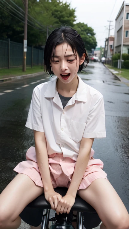 Highest quality,Ultra-wide angle composition、Elementary school girl　Sweaty face　cute　short hair　boyish　My hair is wet with sweat　Pink sigh　I took off my pants　Character Panties Cunnilingus　condom　woman on top　Saddle a man&#39;s stomach　Sit on my lap