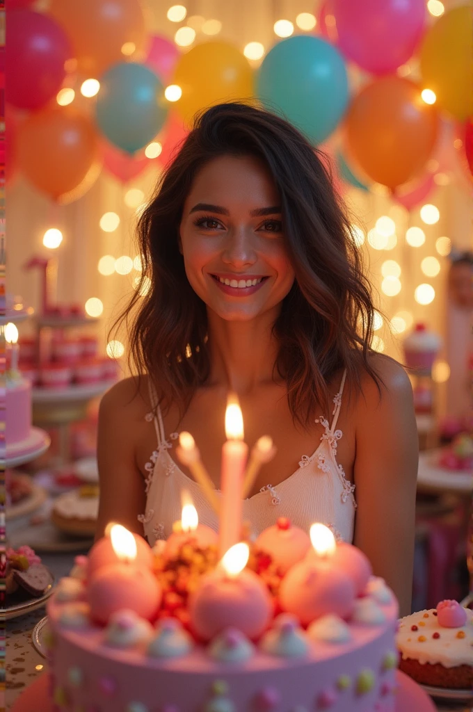 Brunette woman with shoulder length hair, body healed, in a birthday party setting cake with cake and sweets and balloons. Lots of shine and lights.