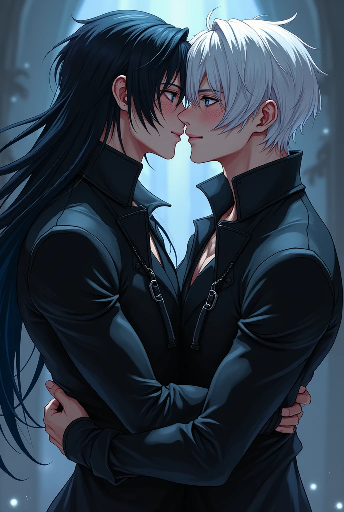 two males, 2 anime assassins, with long black hair freckled skin intimatelykissing, handsome, with long white hair, blue/grey eyes half way closed, facial expressions of happiness and love, intimatehug, Dark fantasy romantic semirealistic manga comic style. Volumetric and dynamic lighting. Hyperdetailed photorealistic hyperrealistic, Stunning dark fantasy,perfect body and face, Dark fantasy romantic semirealistic manga comic style, Volumetric and dynamic lighting, Hyperdetailed photorealistic hyperrealistic, Stunning dark fantasy,"