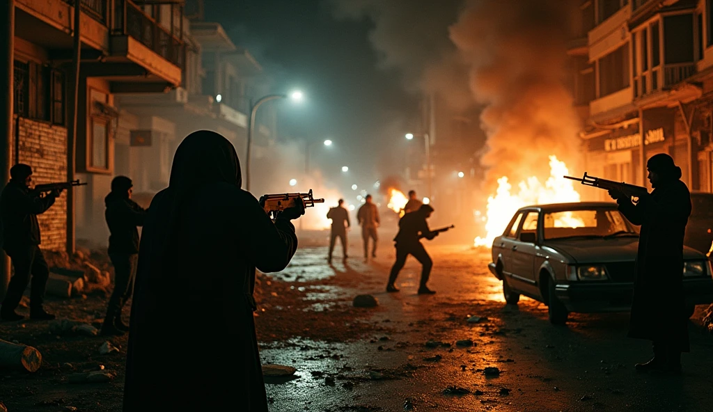 A night-time photograph capturing an urban battle in Tehran between Iranian revolutionaries and the Shah’s military forces. The streets are in chaos, with buildings damaged, cars overturned, and fires lighting up the night. The revolutionaries, both men and women in hijabs, are seen behind makeshift barricades, engaging in a firefight. The image, taken with an old camera, has a gritty texture, with the muzzle flashes from the rifles stark against the darkness.