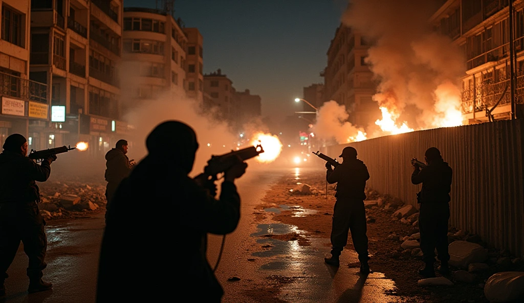 A night-time photograph capturing an urban battle in Tehran between Iranian revolutionaries and the Shah’s military forces. The streets are in chaos, with buildings damaged, cars overturned, and fires lighting up the night. The revolutionaries, both men and women in hijabs, are seen behind makeshift barricades, engaging in a firefight. The image, taken with an old camera, has a gritty texture, with the muzzle flashes from the rifles stark against the darkness.