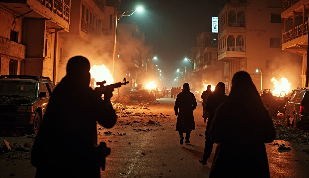 A night-time photograph capturing an urban battle in Tehran between Iranian revolutionaries and the Shah’s military forces. The streets are in chaos, with buildings damaged, cars overturned, and fires lighting up the night. The revolutionaries, both men and women in hijabs, are seen behind makeshift barricades, engaging in a firefight. The image, taken with an old camera, has a gritty texture, with the muzzle flashes from the rifles stark against the darkness.