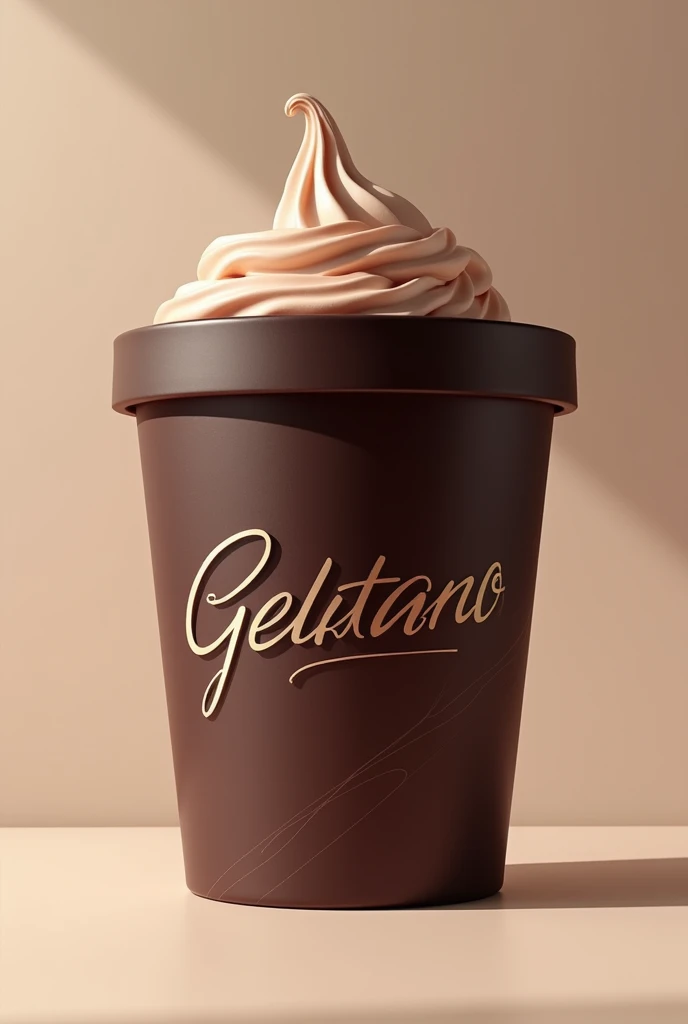 Make a picture of a dark brown ice cream tub that is legal size, and that it has a nice and eye-catching design, and have Gelatiamo written on the medium as it is written