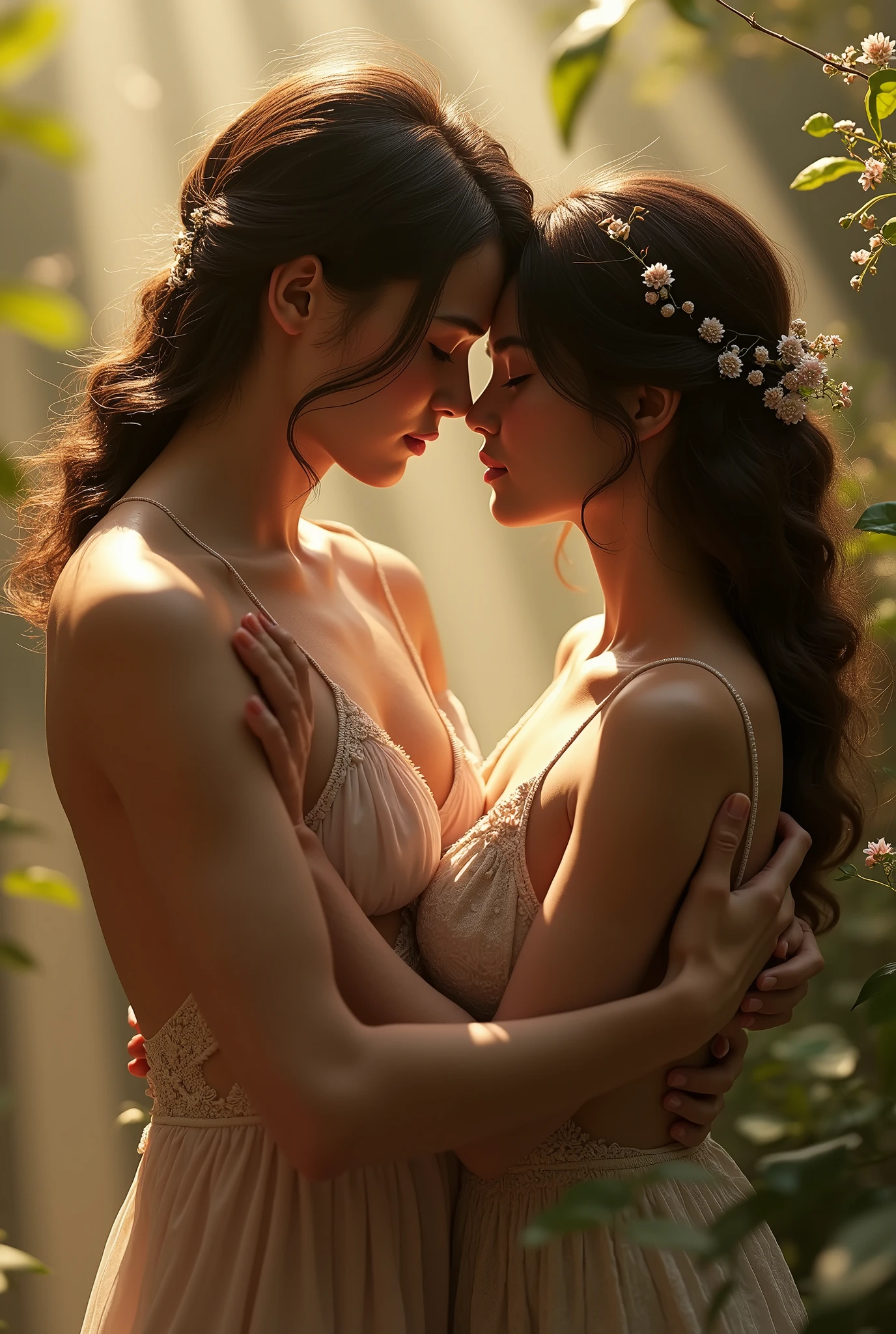 A passionate, intimate scene of two lovers embracing, extremely detailed, photorealistic, high resolution, beautiful intricate details, warm lighting, romantic atmosphere, soft skin tones, delicate facial features, sensual poses, elegant drapery, natural environment, (best quality,4k,8k,highres,masterpiece:1.2),ultra-detailed,(realistic,photorealistic,photo-realistic:1.37)