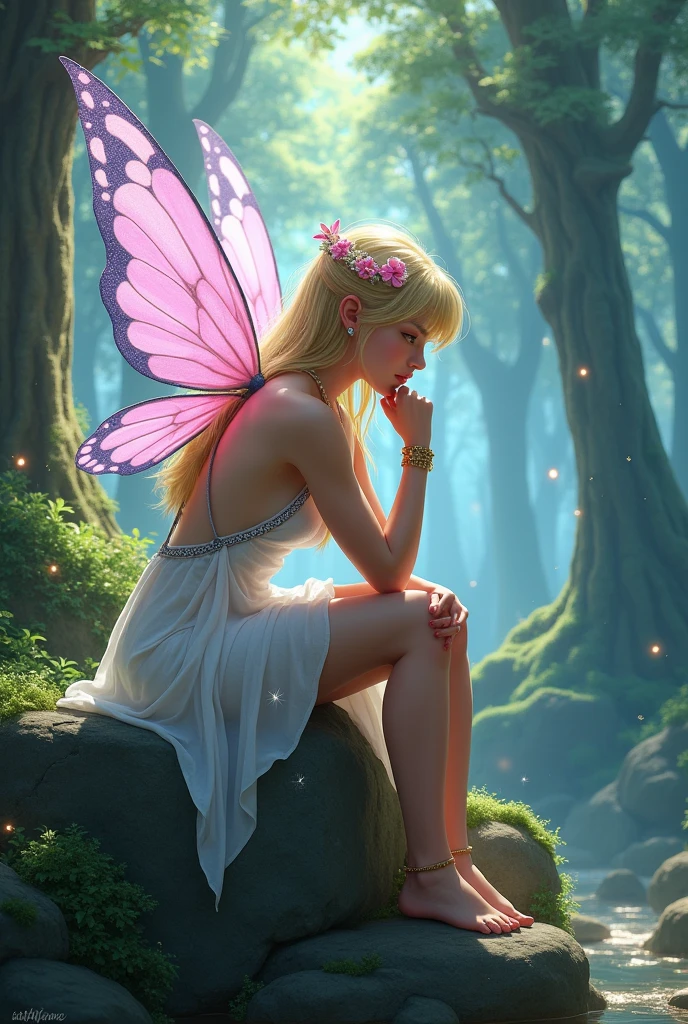 It shows the young fairy sitting on a large mossy rock in the center of the image., in an environment that exudes tranquility and mysticism. The fairy soldier is in profile looking at the camera, with the head slightly tilted and resting on the palm of the left hand, expressing a thoughtful and melancholy countenance. Its pink wings with white gradient and blue and black details stand out, opened gently, allowing the soft light of the forest to pass through them, creating sparkling reflections.

He wears a white shimmering cloth that covers part of his torso., leaving the left pectoral exposed, and goes down to the knee. Small golden ornaments on their wrists, ankles and neck complement her graceful appearance. as orelhas, adorned with flower earrings, match the floral tiara in her blonde hair.

Ao fundo, an enchanted forest stretches out in a mix of vibrant greens and blue hues, with tall, ancient trees whose leaves seem to shine with the magic of the place itself. Small floating lights, possibly forest spirits or fairies, flutter around, adding a touch of magic to the scenery. The environment is serene, but carries an aura of mystery, suggesting the depth of the fairy soldier&#39;s thoughts as he contemplates his next step on the journey.
