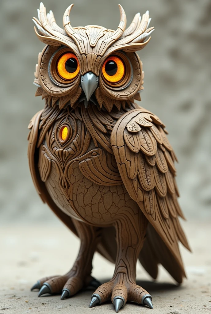an owl that resembles futuristic wood, bring more realistic effect, put effect on yellow color, put more realistic, put feathers like tree bark
