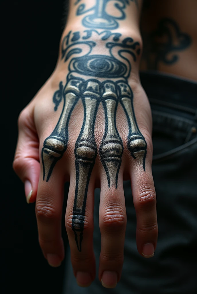 An ultra-realistic hyper-detailed photo illustration of a 4blocc written Graffiti in close-up at 16k resolution, a tattoo reflects the bone structure on the surface of the hand