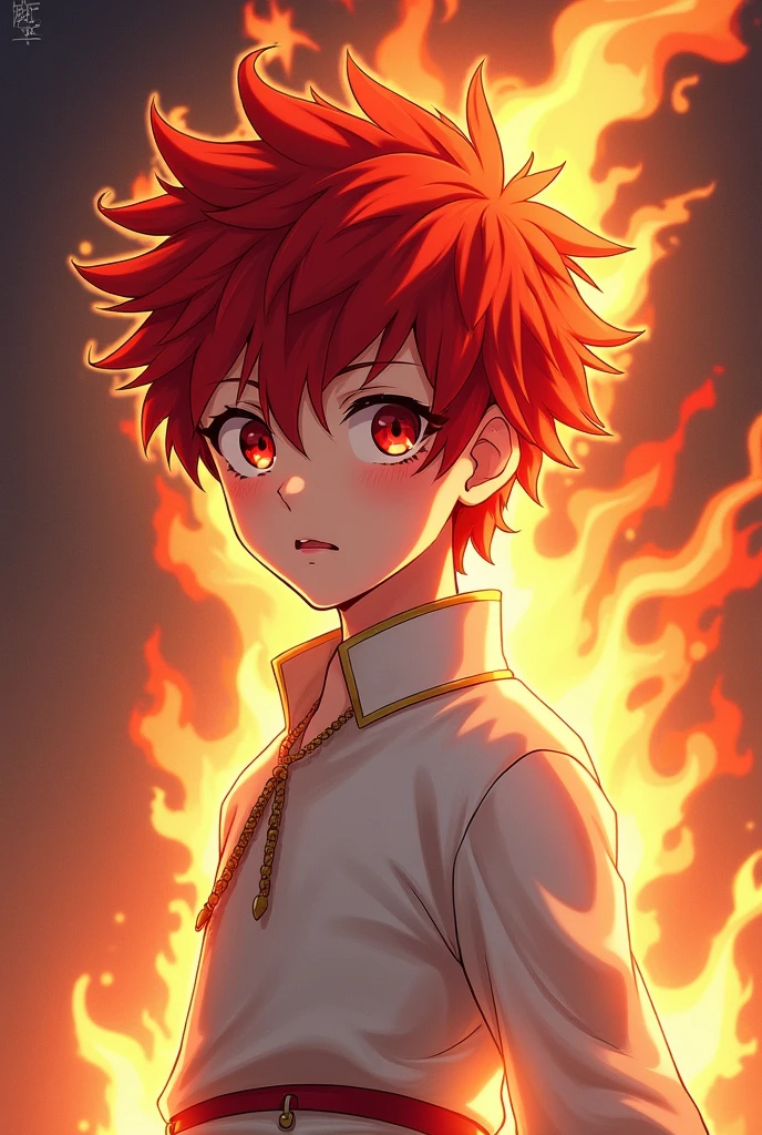 red hair, shaggy, red eyes, burning, fire, anime, young, boy, dangerous, cold, simple white royal costume,  