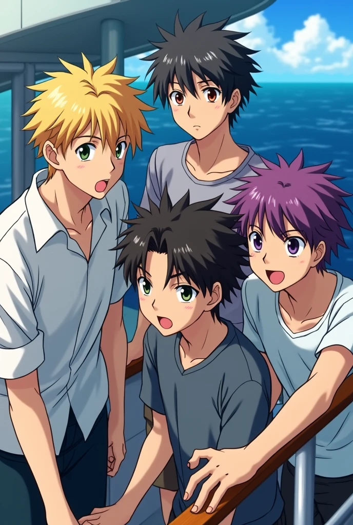 5 Teenage Males on a Boat, anime style toei animation Make one of them light blonde,yellowish red, chestnut hair, Bblack hair, purple hair, all 19/