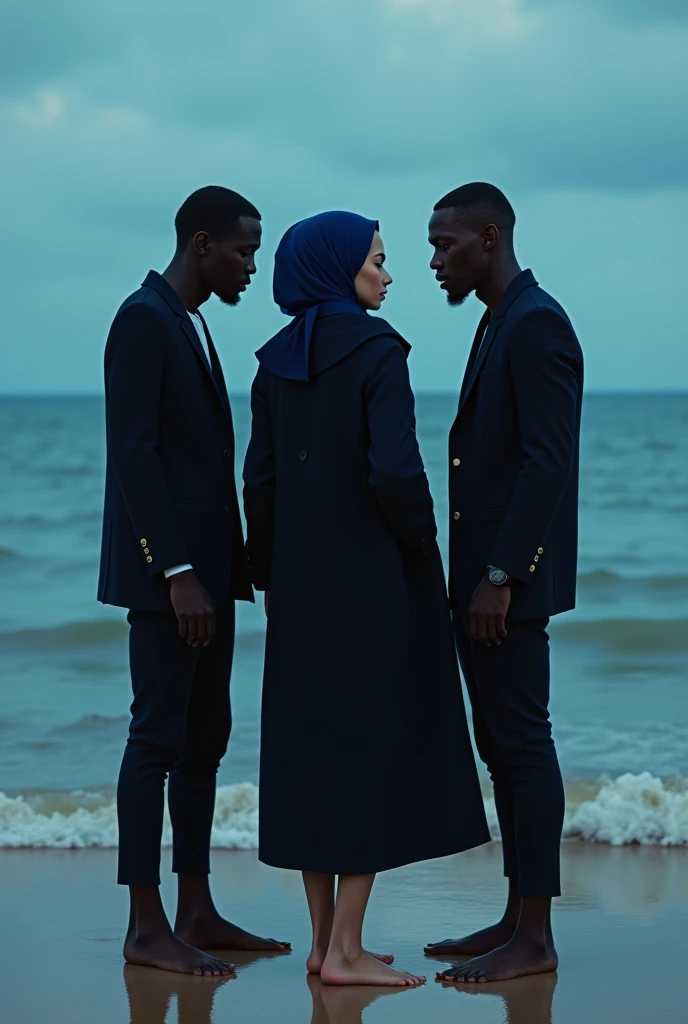 Navy blue headscarf on the beach, White skinned , black long closed coat, barefoot, Sexy skinny woman. 3 black men touching a woman