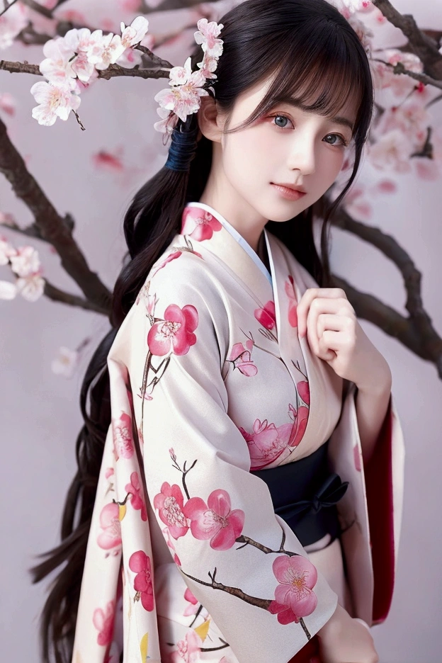 Realistic photos, Beautiful Eyes, Flowing black hair, Elegant kimono, Cherry blossom background, Traditional folding fan, Calm expression, Soft lighting, Traditional Japanese art style, Vibrant colors, Peaceful atmosphere, Delicate features, Graceful posture