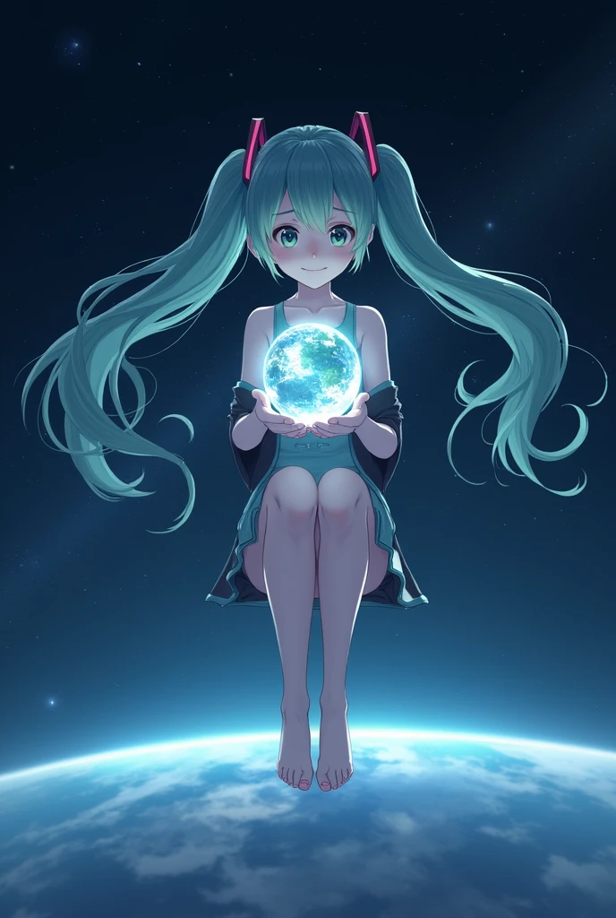 Girl, long pigtails, in space, holding earth in hands, flying, cute pose, cool pose, happy, Hatsune Miku, small earth, knees bent, flowing pigtails, 2, adult