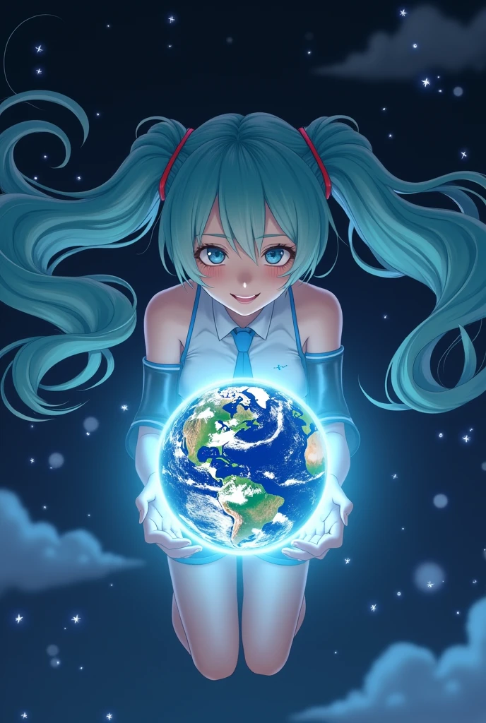 Girl, long pigtails, in space, holding earth in hands, flying, cute pose, cool pose, happy, Hatsune Miku, small earth, knees bent, flowing pigtails, 2, adult