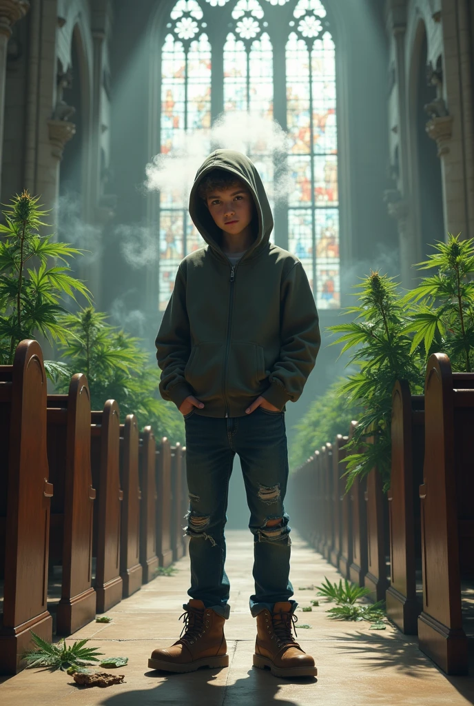 Jeune adolescent, pull avec capuchon sur la tete, il a les yeux un peu rouge, il est dans une eglise en pierre tres haute, des bancs d’eglises de chaque cotés, plant de chanvre en arriere plan et des feuilles de canavis au sol, il fume une cigarette roulee enorme, on voit de la fumee partout dans l’eglise, il a des jeans troués, des chaussures de securité,