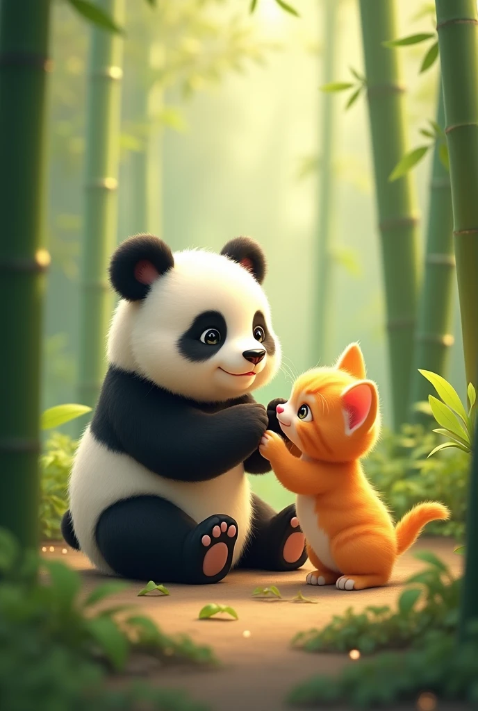 A panda with an orange kitten
