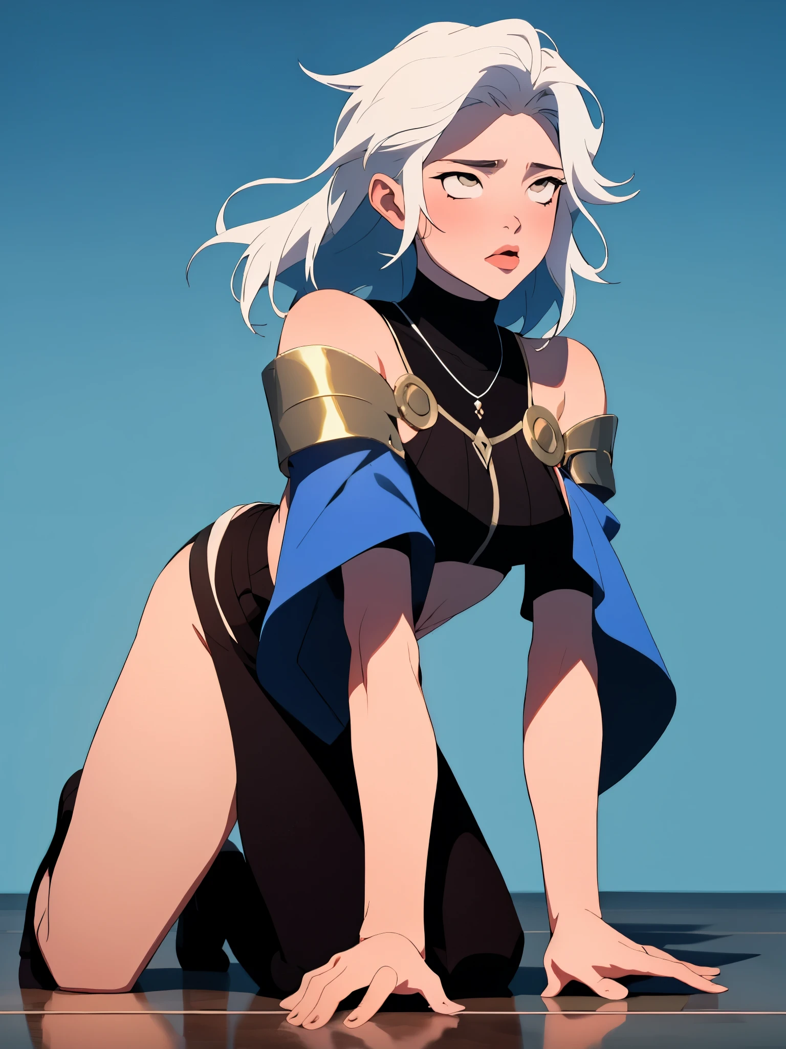 anime girl, anime traits, woman with sky blue hair, shoulder-length hair, light blue hair the color of the sky, girl in magic warrior outfit, sensual girl, sexly, woman is kneeling on the floor, plain color background for cutting, Girl kneeling on the floor, white clothes of magical warriors in the style of Final Fantasy X characters, garota sexly, , decote sexly, fantasy style clothes, femboy sexly, simple single color background, sensual clothes, Cheeks red, making faces, tongue out