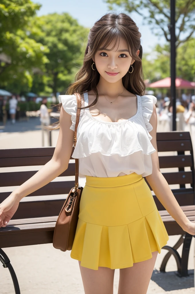 (8k, RAW photo, best quality, masterpiece:1.2), (realistic, photo-realistic:1.4), ultra-detailed, perfect anatomy, perfect limbs, perfect hand, depth of field, wide shot, cute japanese model pictures, Beautiful Face, in a summer amusement park, (brown eyes), (dark blonde loosely curled hair.), She is looking at this way, smiling, She has blunt artificial nails, She is standing shyly in front of the bench, facing me., BREAK, (yellow Ultra micro mini frilled skirt), (White sleeveless blouse), ((cowboy shot)),