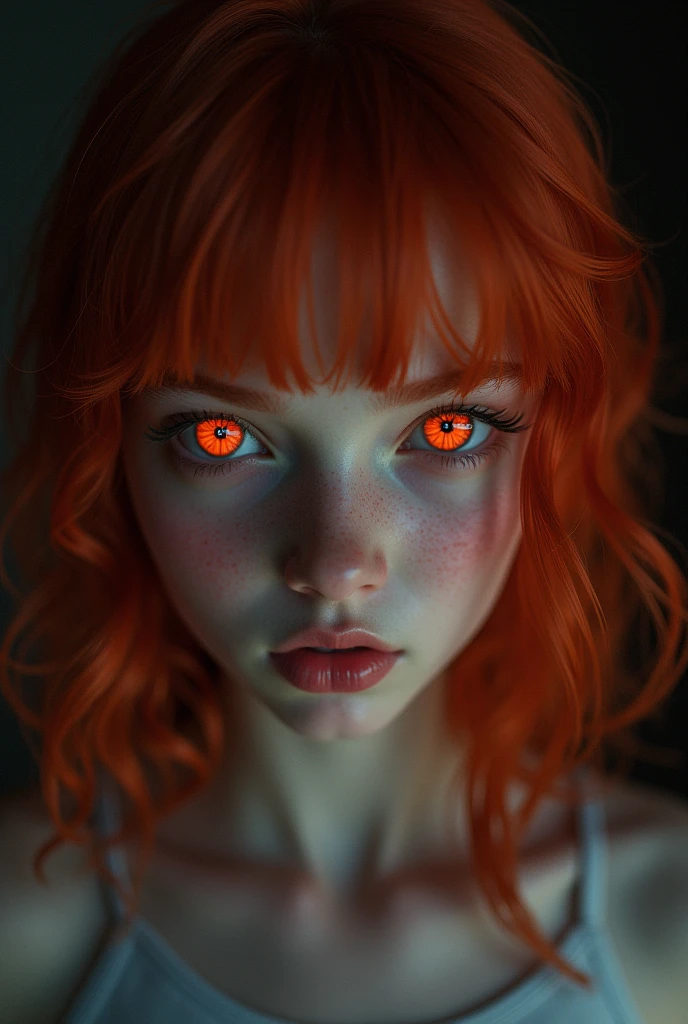 1 girl, star eye, blush, perfect lighting, Red hair, Red eyes, unreal engine, side lighting, detailed face, hits, shiny skin, simple background, dark background