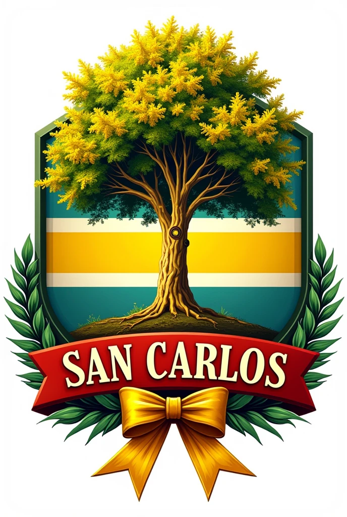A tree with yellow flowers in the center of the logo Flag with two colored bands yellow above and green below. The flag of Costa Rica and a bow, with the name of San Carlos Yellow Bark Red. With the colors green and yellow.
