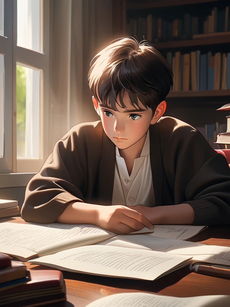 "A portrait of a young boy deeply focused on his studies, sitting at a wooden desk with books and papers spread out. Captured with an Arri Alexa LF using a Zeiss Master Prime 50mm lens, the scene is lit by soft, natural light filtering in from a nearby window, casting a gentle glow on the boy's face and highlighting the concentration in his eyes. The shallow depth of field (f/1.4) emphasizes the boy's thoughtful expression and the details of his study materials, while the background fades into a warm, inviting blur, creating a calm and studious atmosphere use of natural light."