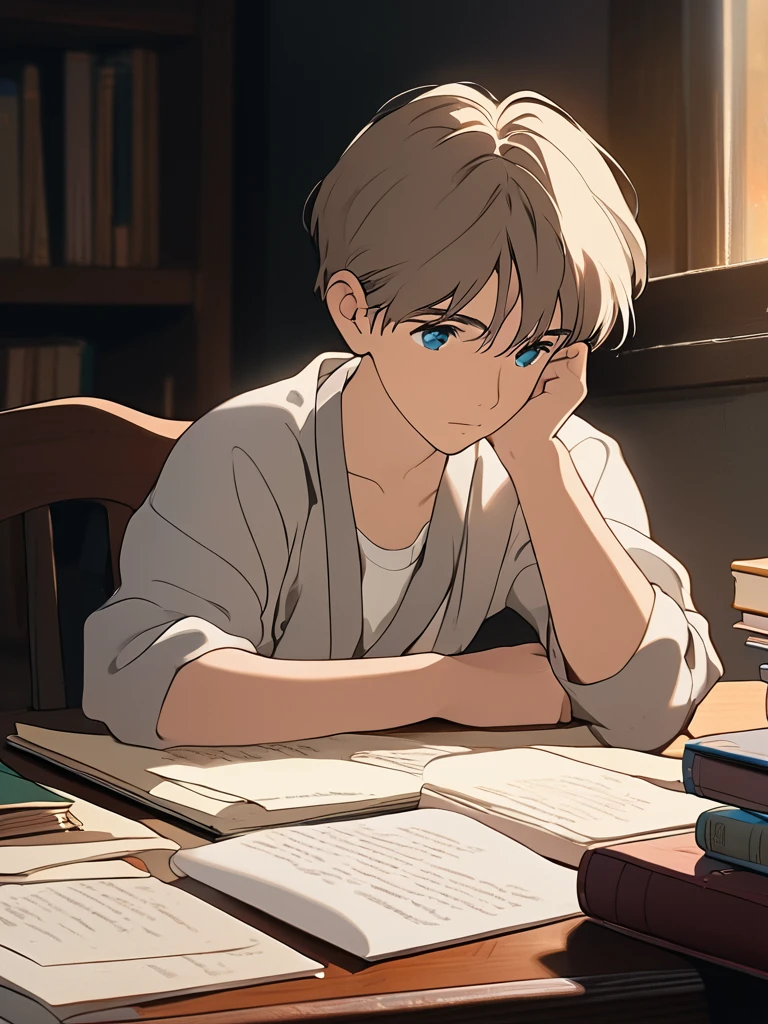 "A portrait of a young boy deeply focused on his studies, sitting at a wooden desk with books and papers spread out. Captured with an Arri Alexa LF using a Zeiss Master Prime 50mm lens, the scene is lit by soft, natural light filtering in from a nearby window, casting a gentle glow on the boy's face and highlighting the concentration in his eyes. The shallow depth of field (f/1.4) emphasizes the boy's thoughtful expression and the details of his study materials, while the background fades into a warm, inviting blur, creating a calm and studious atmosphere use of natural light."