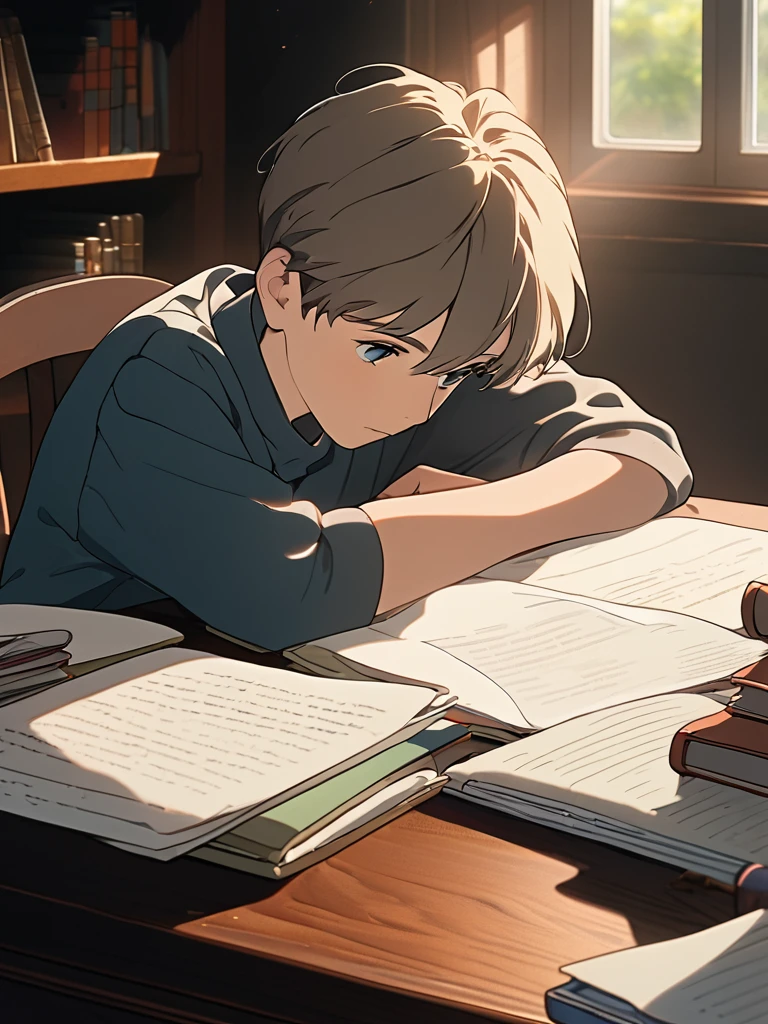 "A portrait of a young boy deeply focused on his studies, sitting at a wooden desk with books and papers spread out. Captured with an Arri Alexa LF using a Zeiss Master Prime 50mm lens, the scene is lit by soft, natural light filtering in from a nearby window, casting a gentle glow on the boy's face and highlighting the concentration in his eyes. The shallow depth of field (f/1.4) emphasizes the boy's thoughtful expression and the details of his study materials, while the background fades into a warm, inviting blur, creating a calm and studious atmosphere use of natural light."