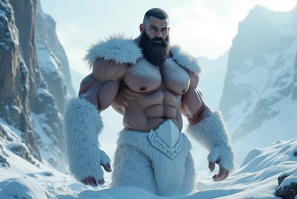 ((masterpiece)) ((Good structure)) ((High dynamic range)) ((ultra high definition)) ((8k)) Giant man, Whole body, male focus, muscled body, Pale skin, cuerpo cubierto de snow, bare chest, male face, attractive, black fur, frozen black beard, half buried in ice, shoulder armor. scenery: exterior, frozen mountains, rocks, winter sky, snow.