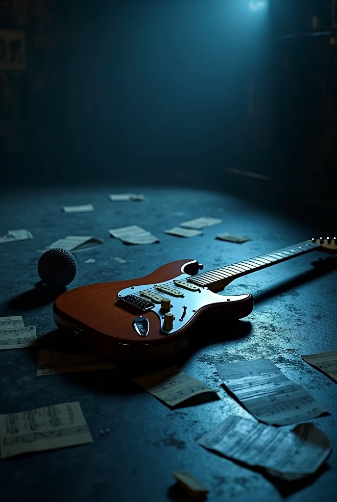 Generates images of an electric guitar and a microphone together lying on the floor around loose musical notes in dark colors