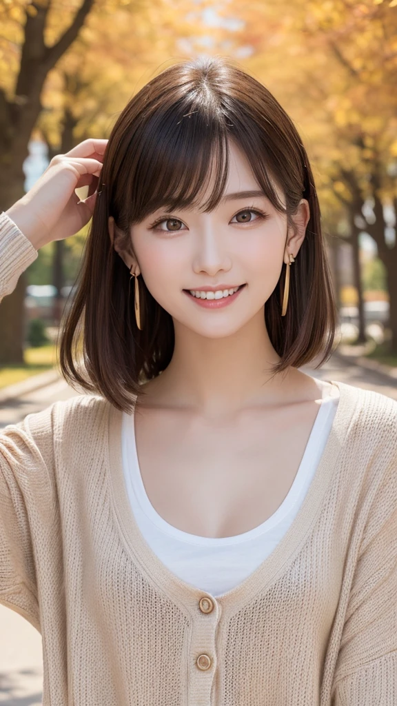 one girl, (a beauty girl, Delicate girl:1.3), (:1.3),
break, (Tree-lined avenue in autumn:1.2), (cardigan:1.2),
break, very fine resolution, (symmetrical eyes:1.3),
break, small breasts, brown eyes, parted bangs, brown hair,  girl,
break, (Eye and face details:1.0), (get closer to the face, zoom in on the face, face focus:1.0),
break, (masterpiece, highest quality, super detailed, detailed face, 8K)、From above、earrings、hair blowing in the wind、blush your cheeks、smile、white teeth、high angle、super realistic photos、Ginkgo leaves on my head