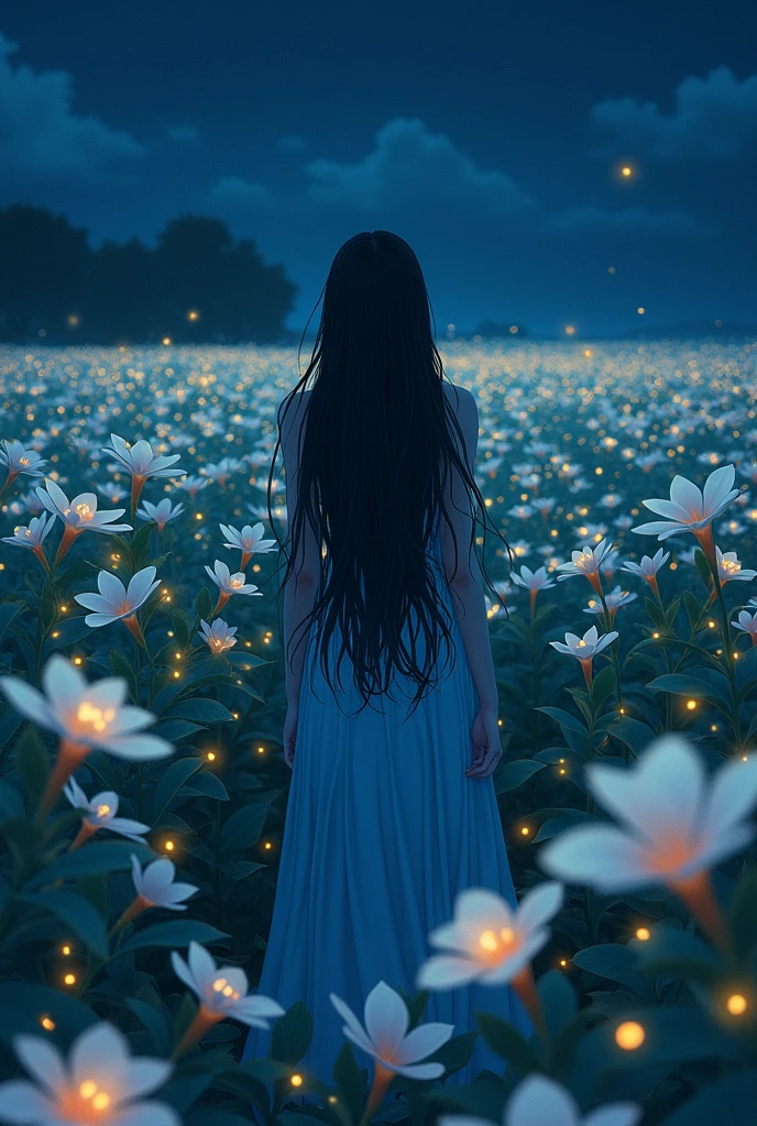a vast plumeria fields during the night, a fireflies and a Crying woman while wearing a blue dress and a long black wavy hair in the middle of it, beautiful anime