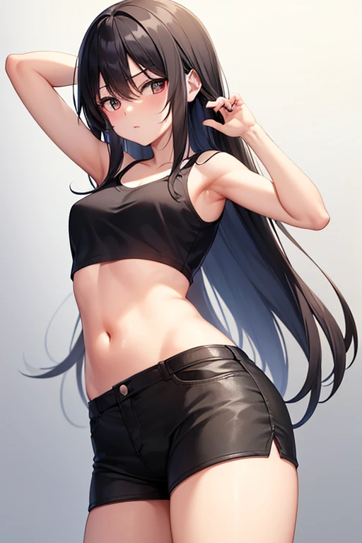 A girl, Wearing black shorts, long black hair, neat body, doing a pose
