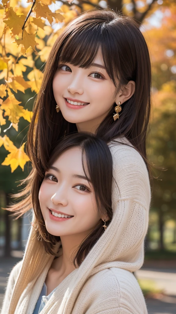 one girl, (a beauty girl, Delicate girl:1.3), (:1.3),
break, (Tree-lined avenue in autumn:1.2), (cardigan:1.2),
break, very fine resolution, (symmetrical eyes:1.3),
break, small breasts, brown eyes, parted bangs, brown hair, girl,
break, (Eye and face details:1.0), (get closer to the face, zoom in on the face, face focus:1.0),
break, (masterpiece, highest quality, super detailed, detailed face, 8K)、From above、earrings、hair blowing in the wind、blush your cheeks、smile、white teeth、high angle、super realistic photos、Ginkgo leaves on my head