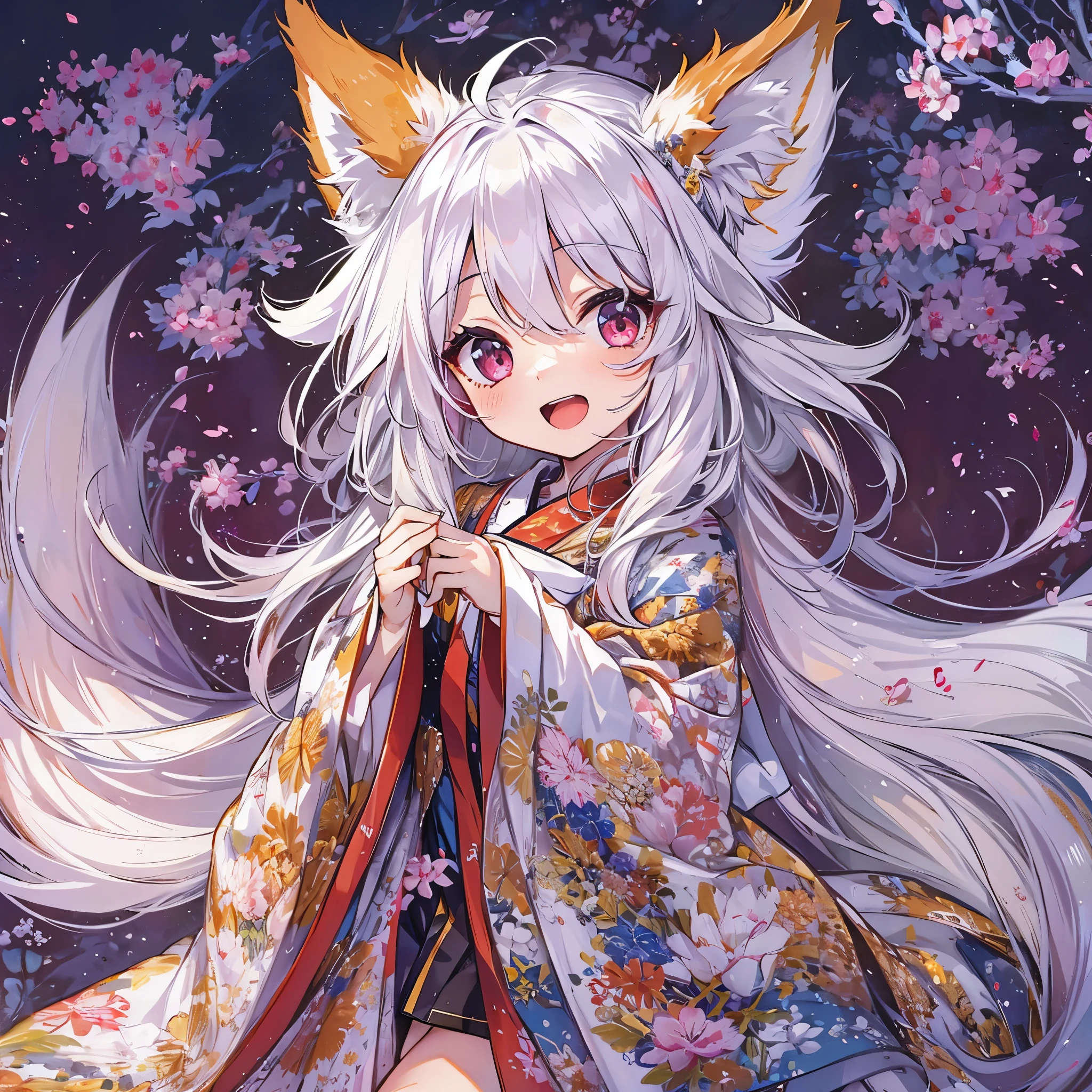 (Highest quality, High resolution, 1 girl, alone), Fusion Tobiichi+Ants, Fox Ears, White hair with pink tips, Very large breasts, Fox&#39;s Tail, Grin, Surprised expression, Red loose kimono, Purple eyes, Heterochromia iridis, Damaged, Black Pantyhose