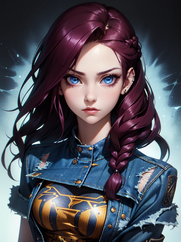 (((Portrait Photo))), She has the Appearance of a Determined and Enigmatic Teenager, with a Presence that Commands Respect. Her Long, Dark Burgundy Hair is Carefully Braided in Viking-Style and Falls Symmetrically to One Side of Her Face, Accentuating Her Piercing Gaze. Her Electric Blue Eyes Seem to See Beyond the Obvious, Charged with Deep Mystery. Her Expression is Serious and Focused, with a Slight Sparkle in Her Eyes that Gives Her an Aura of Elegance and a Friendly Attitude. (((Portrait Photo))), (((Dark Background))), (((Distressed Denim Jacket))), (((Denim Printed T-shirt)))