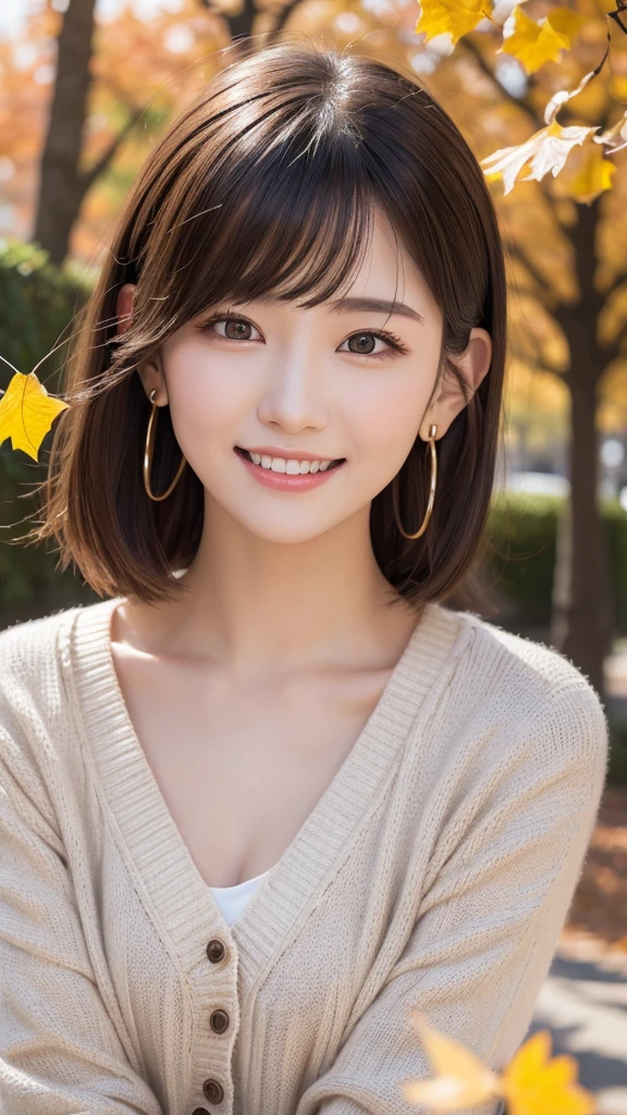 one girl, (a beauty girl, Delicate girl:1.3), (:1.3),
break, (Tree-lined avenue in autumn:1.2), (cardigan:1.2),
break, very fine resolution, (symmetrical eyes:1.3),
break, small breasts, brown eyes, parted bangs, brown hair, girl,
break, (Eye and face details:1.0), (get closer to the face, zoom in on the face, face focus:1.0),
break, (masterpiece, highest quality, super detailed, detailed face, 8K)、From above、earrings、hair blowing in the wind、blush your cheeks、smile、white teeth、high angle、super realistic photos、Ginkgo leaves on my head