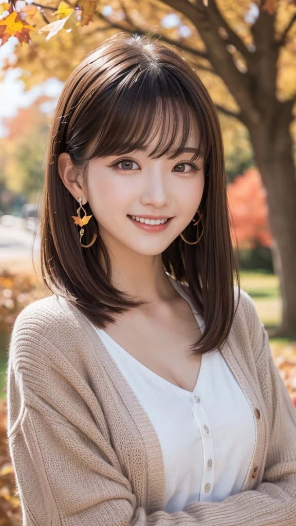 one girl, (a beauty girl, Delicate girl:1.3), (:1.3),
break, (Tree-lined avenue in autumn:1.2), (cardigan:1.2),
break, very fine resolution, (symmetrical eyes:1.3),
break, small breasts, brown eyes, parted bangs, brown hair, girl,
break, (Eye and face details:1.0), (get closer to the face, zoom in on the face, face focus:1.0),
break, (masterpiece, highest quality, super detailed, detailed face, 8K)、From above、earrings、hair blowing in the wind、blush your cheeks、smile、white teeth、high angle、super realistic photos、Ginkgo leaves on my head