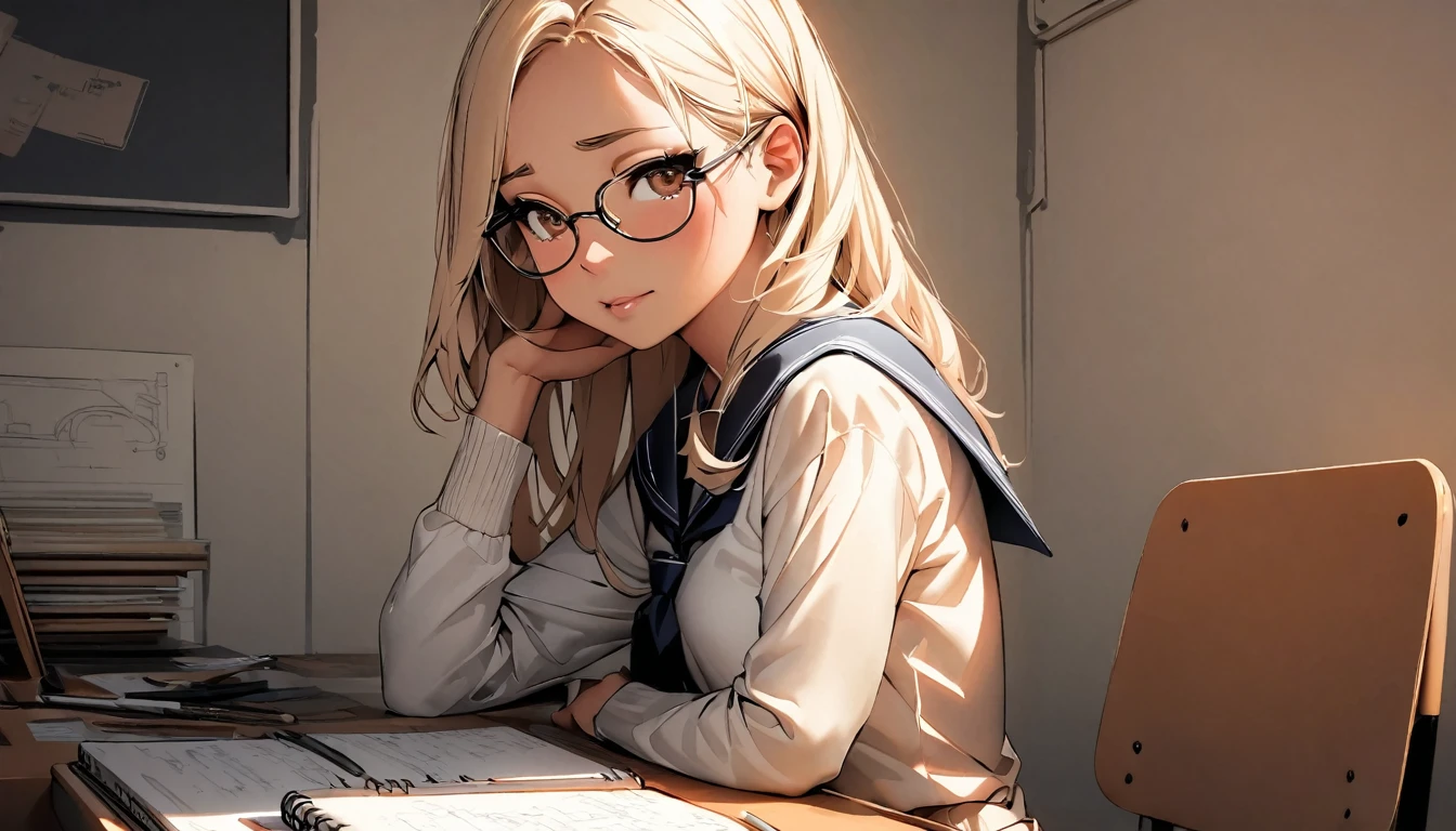 (highest quality:1.2, Very detailed, up to date, Vibrant, Ultra-high resolution, High Contrast, masterpiece:1.2, highest quality, Best aesthetics), Portraiture、girl, 20-years-old, Bright colors、Beautiful fine details、Beautiful lip detail, long hair、brown eyes, ((slim body:1.4)), (small breast:0.7), (dark skin:0.5), glasses, ((school uniform:1)), studyind, sitting at the study desk, notebook and pencil, her room, embarrassed:1.4, lineart, clean line drawings, look at viewer, sepia color:1.5, solo:1.5,raised eyebrows