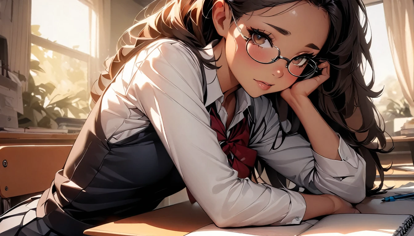 (highest quality:1.2, Very detailed, up to date, Vibrant, Ultra-high resolution, High Contrast, masterpiece:1.2, highest quality, Best aesthetics), Portraiture、girl, 20-years-old, Bright colors、Beautiful fine details、Beautiful lip detail, long hair、brown eyes, ((slim body:1.4)), (small breast:0.7), (dark skin:0.5), glasses, ((school uniform:1)), studyind, sitting at the study desk, notebook and pencil, her room, embarrassed:1.4, lineart, clean line drawings, look at viewer, sepia color:1.5, solo:1.5,raised eyebrows