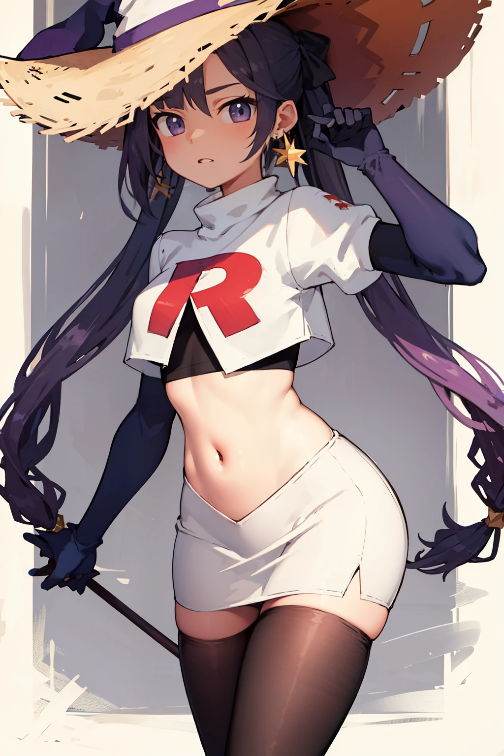 ((masterpiece,best quality)), team rocket,team rocket uniform,white skirt,red letter R,crop top,black thigh-highs,black elbow gloves, purple_hair, zettai ryouiki, aamona, long hair, twintails, star_earrings,hair ornament, hat, jewelry, star_\(symbol\), witch_hat, earrings, purple headwear, cowboy shot,