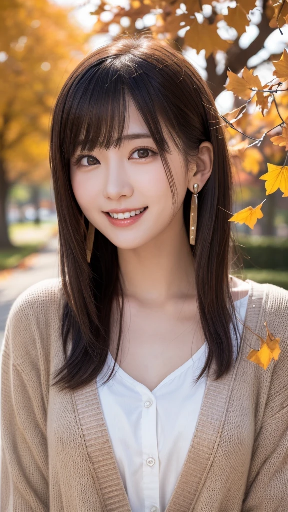 one girl, (a beauty girl, Delicate girl:1.3), (:1.3),
break, (Tree-lined avenue in autumn:1.2), (cardigan:1.2),
break, very fine resolution, (symmetrical eyes:1.3),
break, small breasts, brown eyes, parted bangs, brown hair, girl,
break, (Eye and face details:1.0), (get closer to the face, zoom in on the face, face focus:1.0),
break, (masterpiece, highest quality, super detailed, detailed face, 8K)、From above、earrings、hair blowing in the wind、blush your cheeks、smile、white teeth、high angle、super realistic photos、Ginkgo leaves on my head