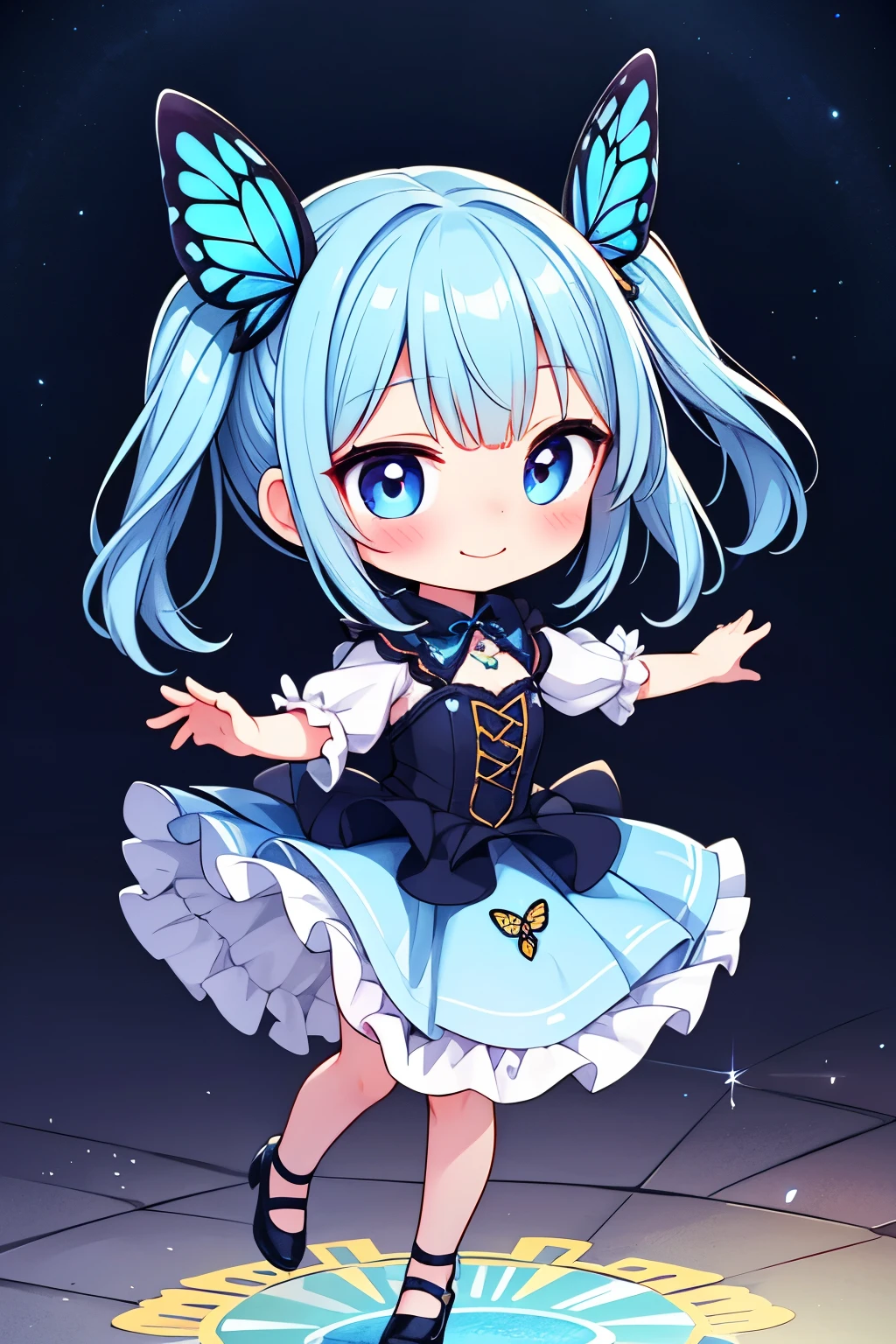 Photorealistic、Chibi Girl Doll（Embarrassed blushing smile、Morpho butterfly-inspired clothing that glows softly in the dark、Cute Shoes、Cute Hairpins、rotate、Dance with grace）